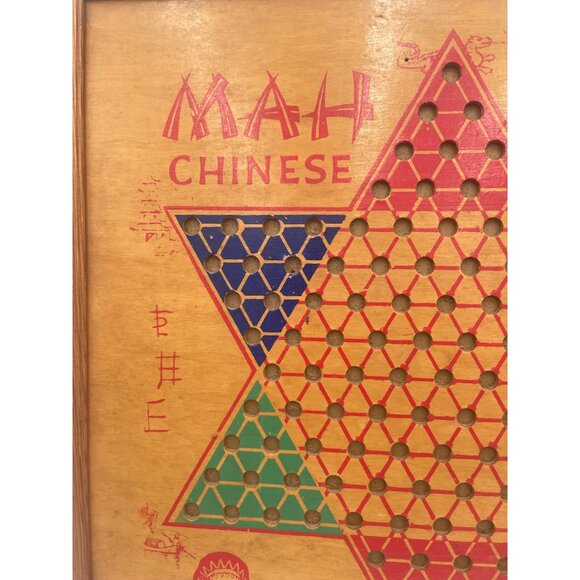 Vintage Mah Tong Chinese Checkers & Chess Game Board Wood Frame Double-Sided 20" - Picture 5 of 8